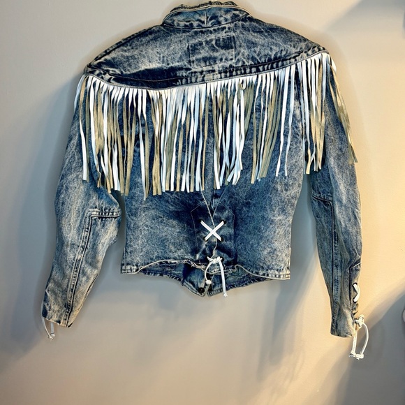 Vintage Denim and White Leather Fringe Removable Shoulder Pads Sz M - Picture 2 of 9